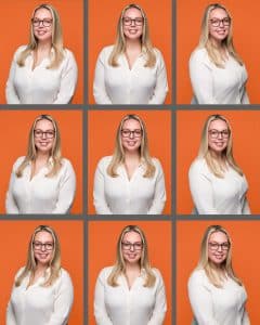 A grid of nine personal branding portraits showing different expressions and poses by Paul's Portraits.