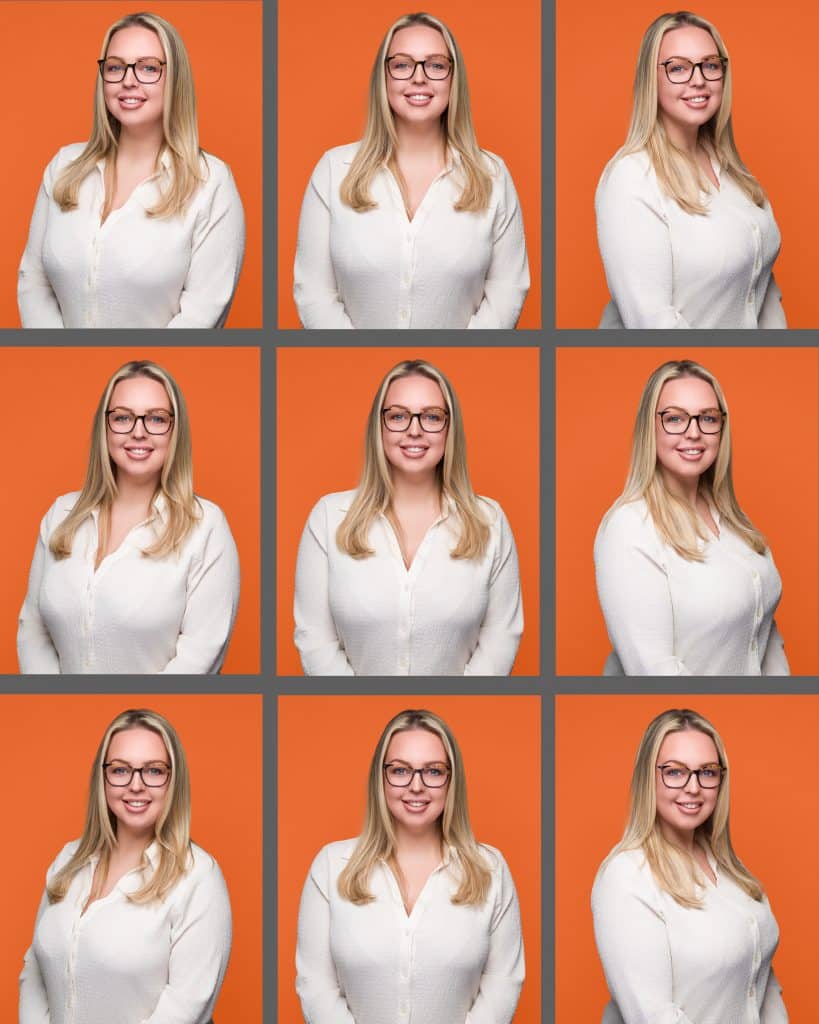 A grid of nine personal branding portraits showing different expressions and poses by Paul's Portraits.